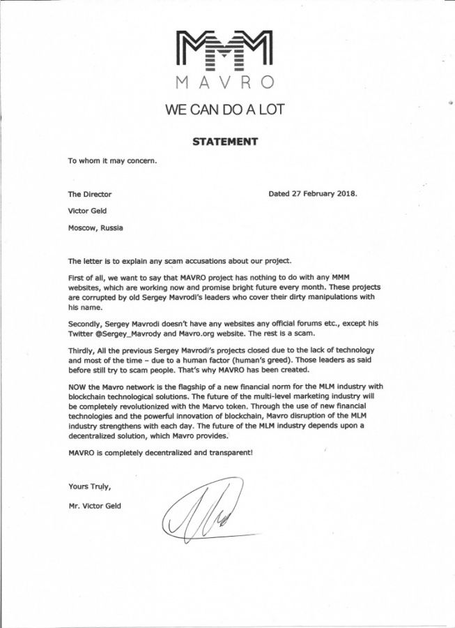 Mavro statement letter