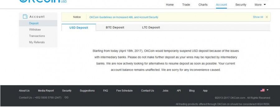 OKcoin suspended USD diposits