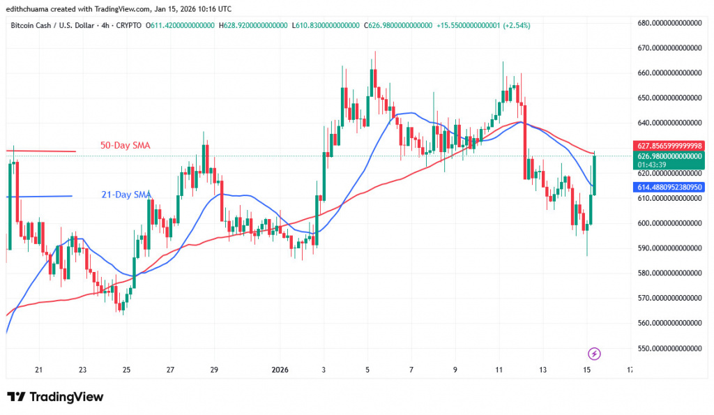 BCH price, daily chart, Jan 15, 2026 BCH price, daily chart, Jan 15, 2026