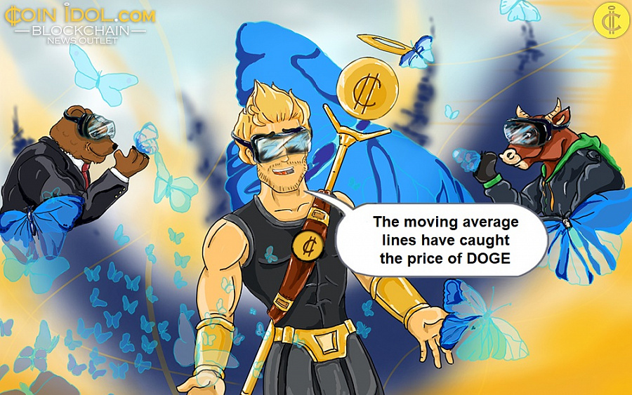 The moving average lines have caught the price of DOGE